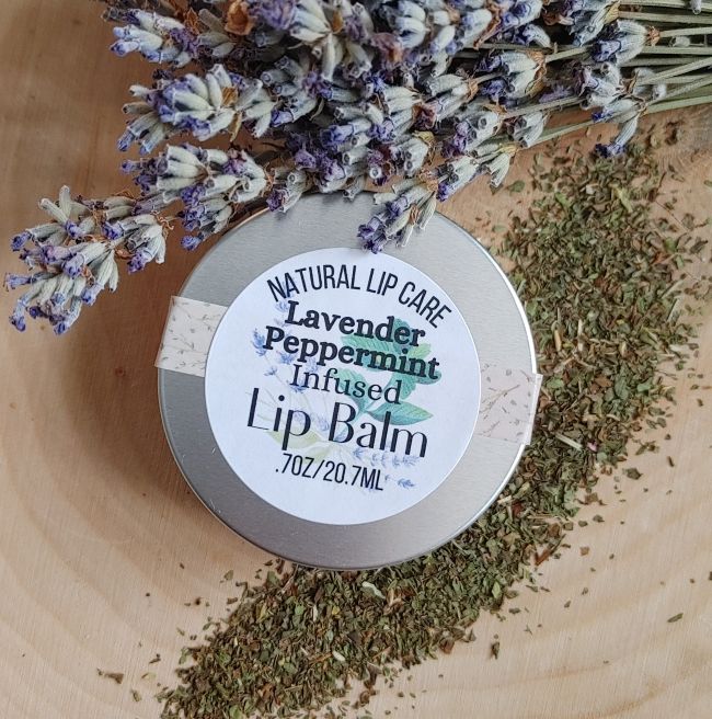 Lavender peppermint infused lip balm tin with printed label