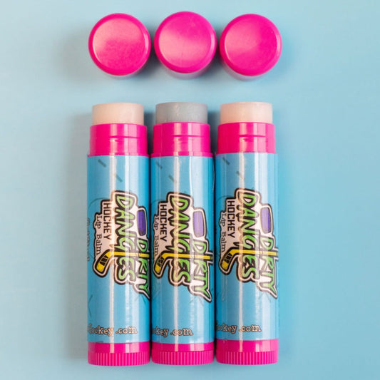 Lip balm 3-pack with blue tubes and pink caps