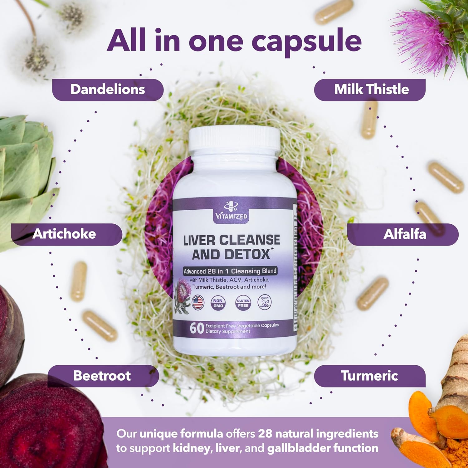 Liver Cleanse and Detox Formula - Milk Thistle, Artichoke Extract, Dandelion, and Apple Cider Vinegar - Liver Health Supplement - Renee Lane Company