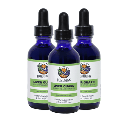 Three Liver Guard supplement bottles, dark blue glass with black droppers and green labels