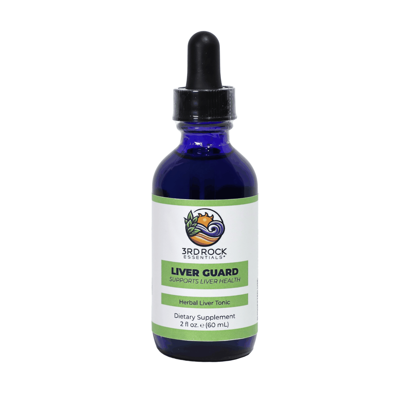 Liver Guard supplement bottle, dark blue glass with green label and black dropper cap