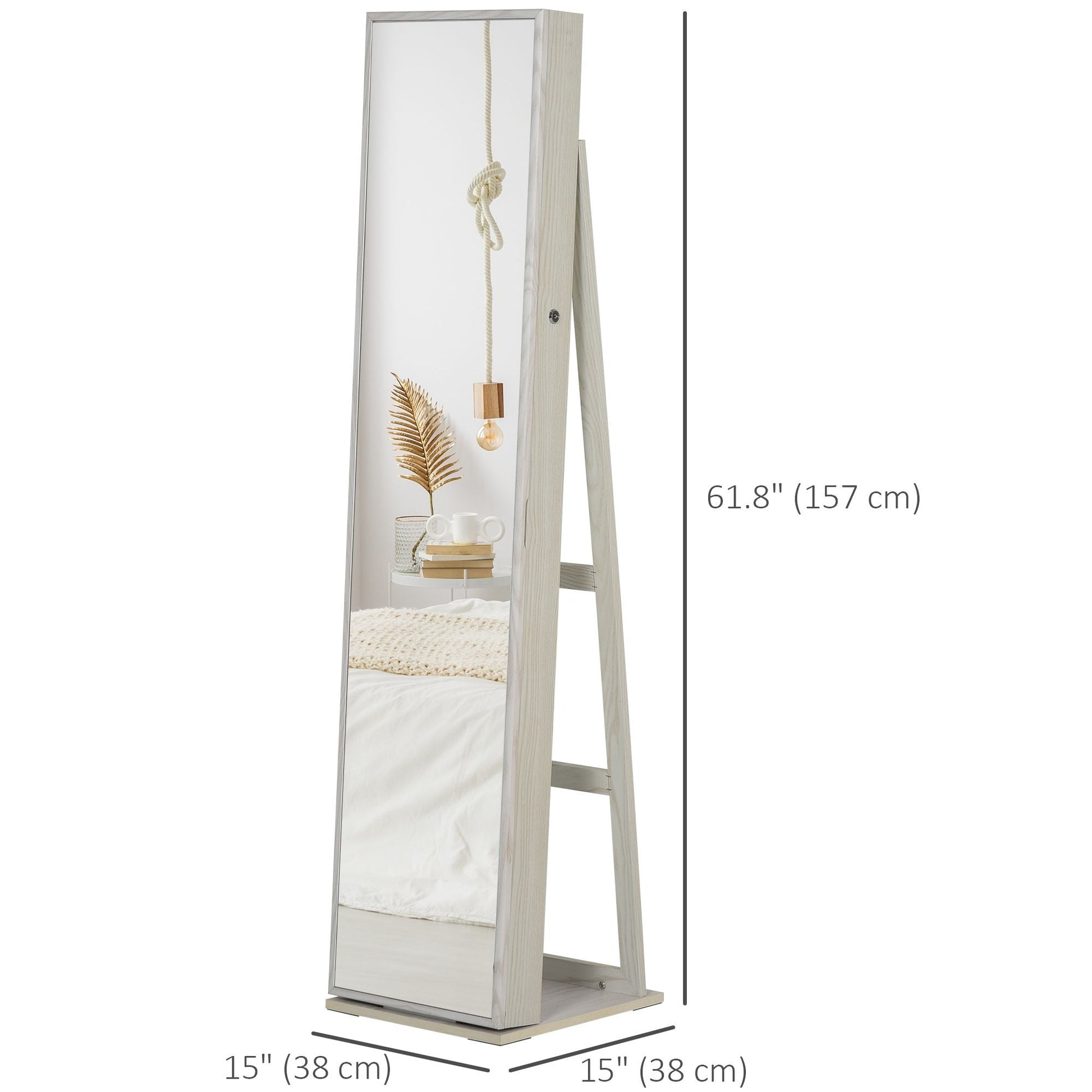 Lockable Jewelry Cabinet Standing Armoire Full Length Mirror LED Lights White Jewelry Organizer - Renee Lane Company