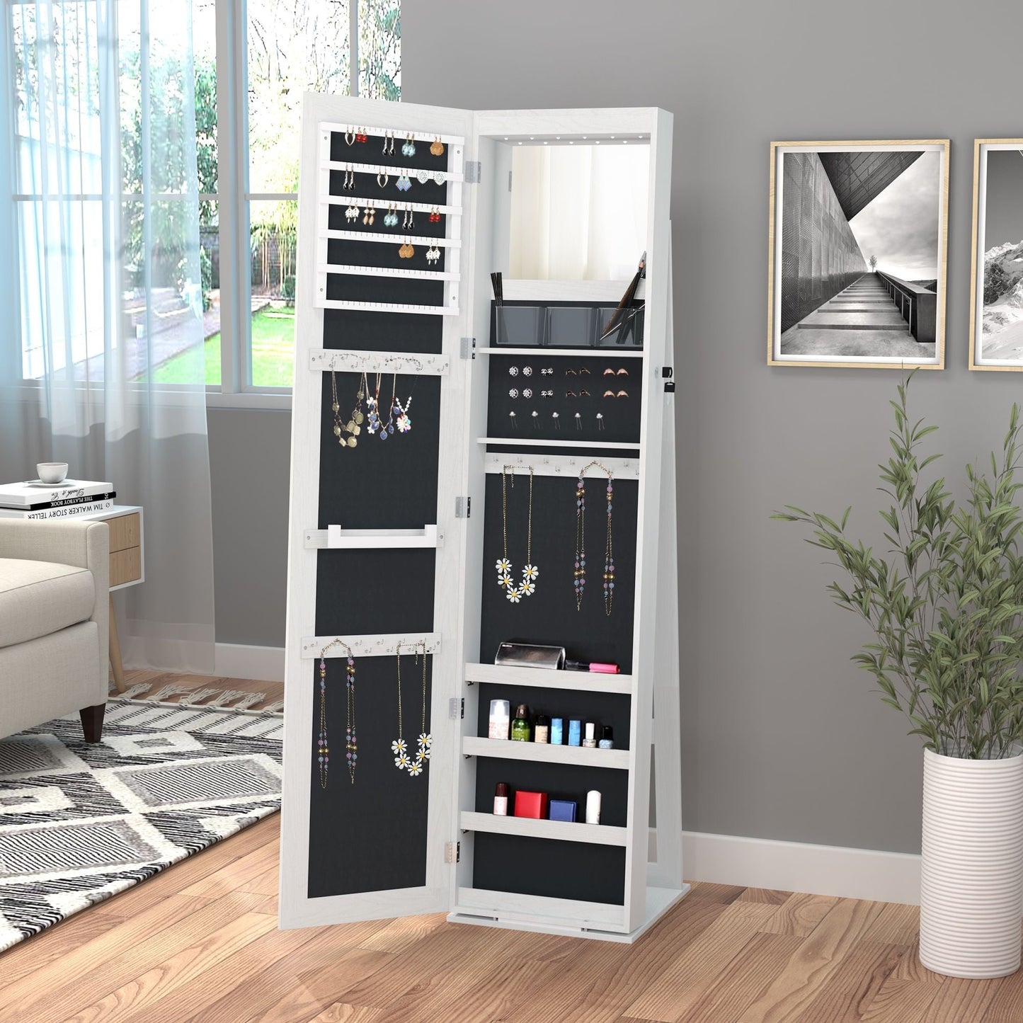 Lockable Jewelry Cabinet Standing Armoire Full Length Mirror LED Lights White Jewelry Organizer - Renee Lane Company