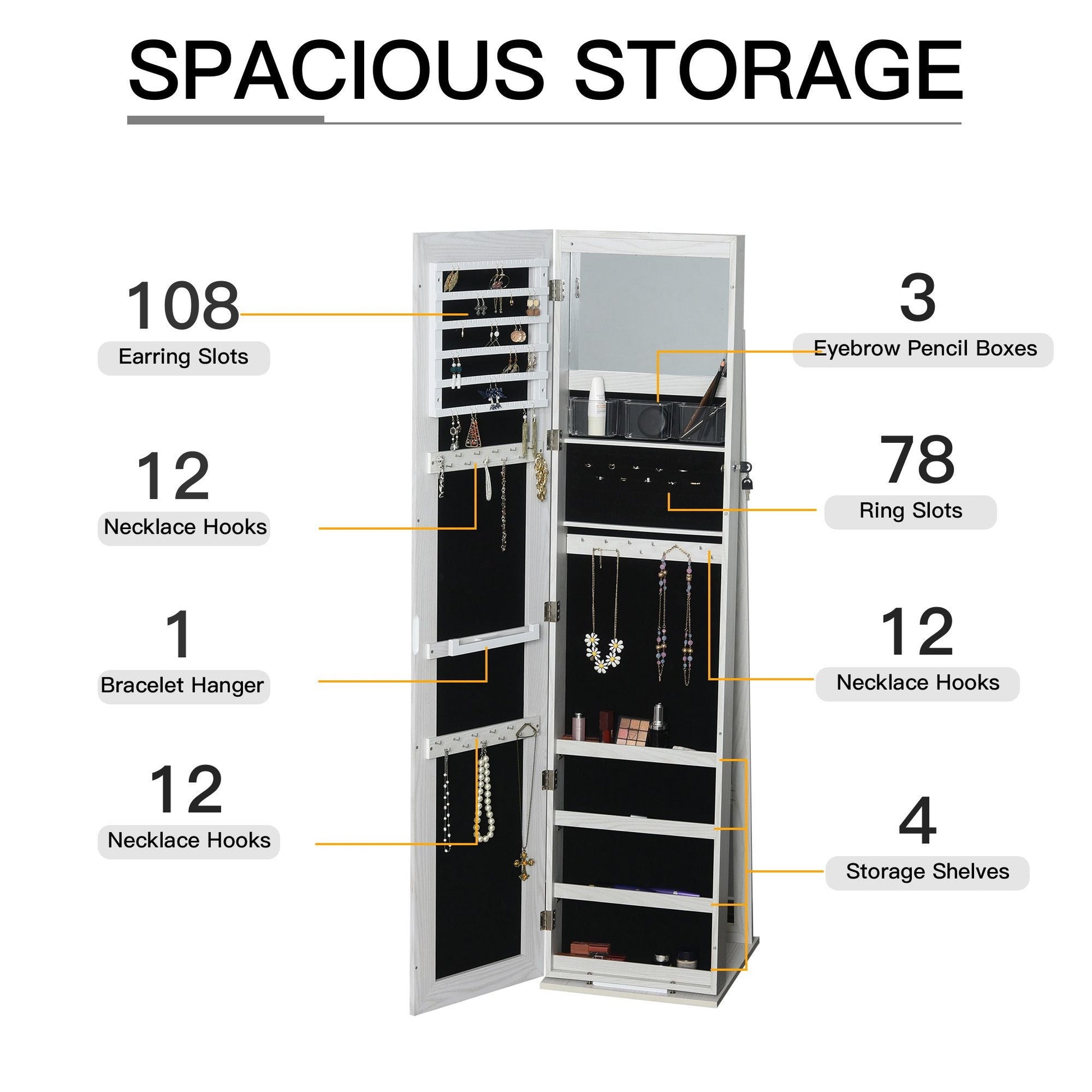 Lockable Jewelry Cabinet Standing Armoire Full Length Mirror LED Lights White Jewelry Organizer - Renee Lane Company