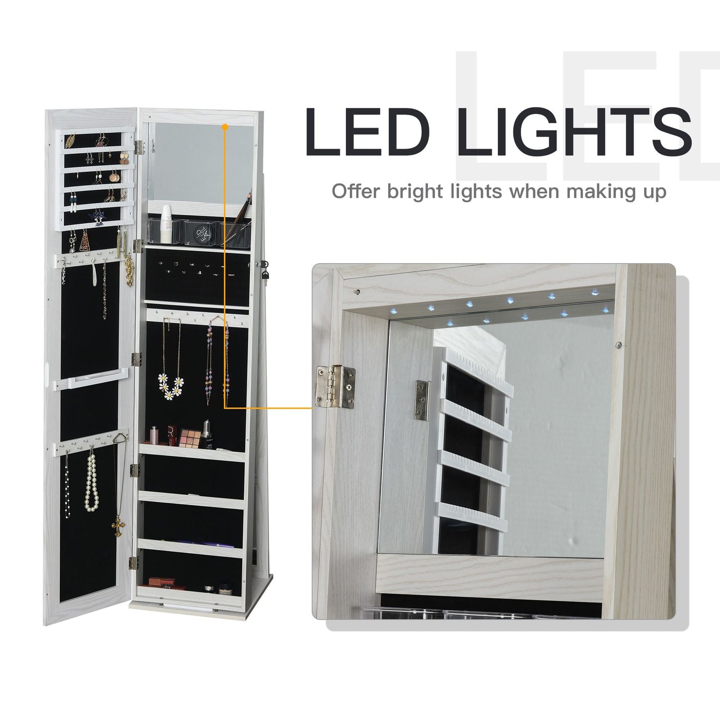 Lockable Jewelry Cabinet Standing Armoire Full Length Mirror LED Lights White Jewelry Organizer - Renee Lane Company
