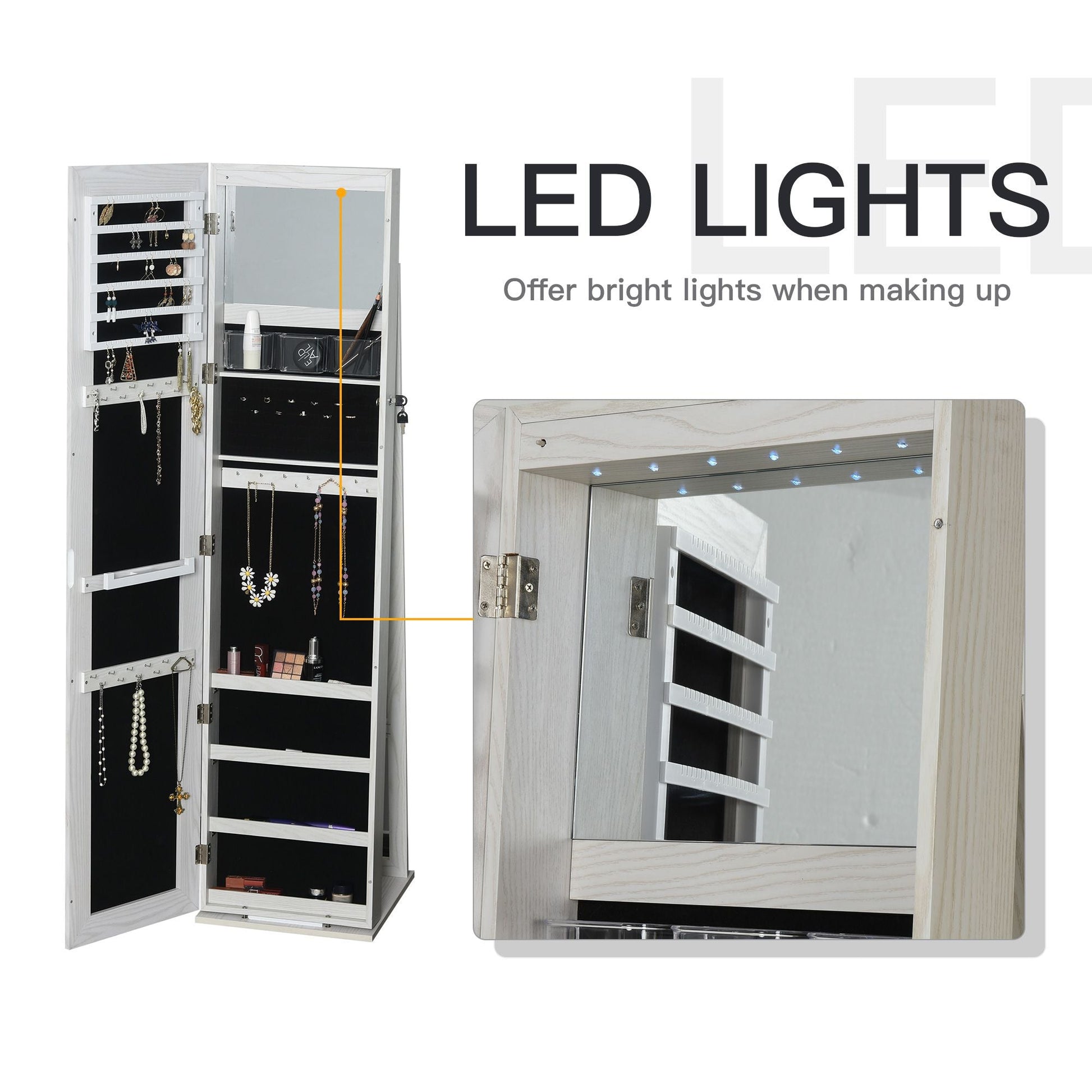 Lockable Jewelry Cabinet Standing Armoire Full Length Mirror LED Lights White Jewelry Organizer - Renee Lane Company