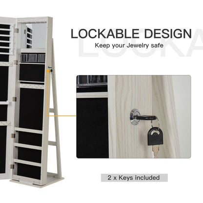 Lockable Jewelry Cabinet Standing Armoire Full Length Mirror LED Lights White Jewelry Organizer - Renee Lane Company