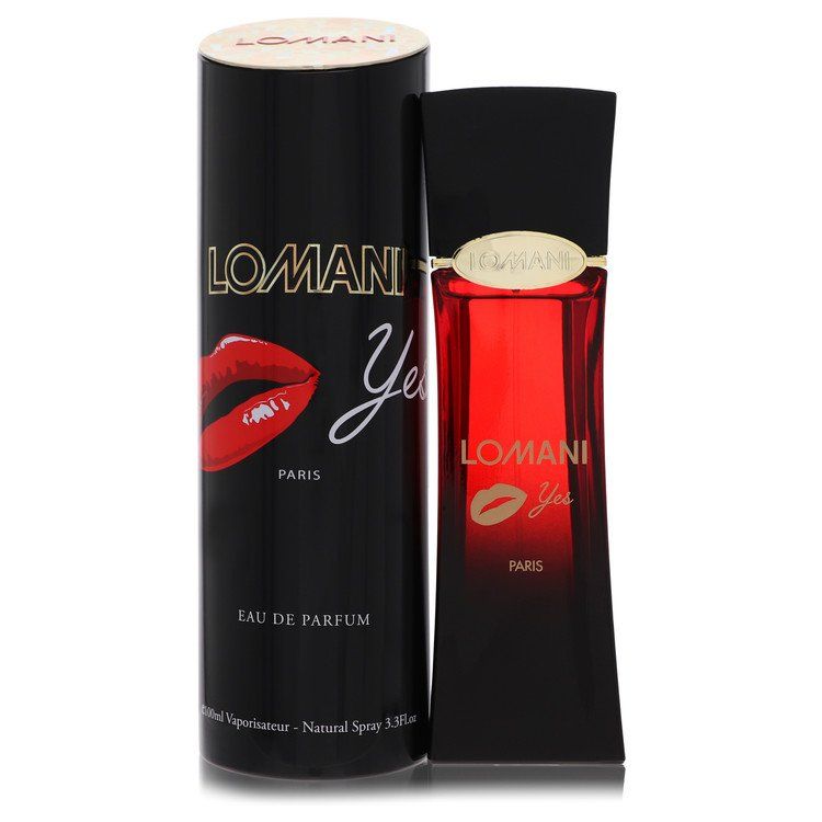 Eau de parfum spray bottle with black tube, red glass bottle, and gold cap