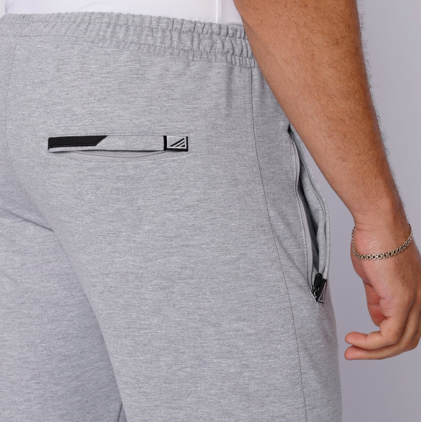 Light grey heather straight sweatpants back: elastic waistband and logo label detail
