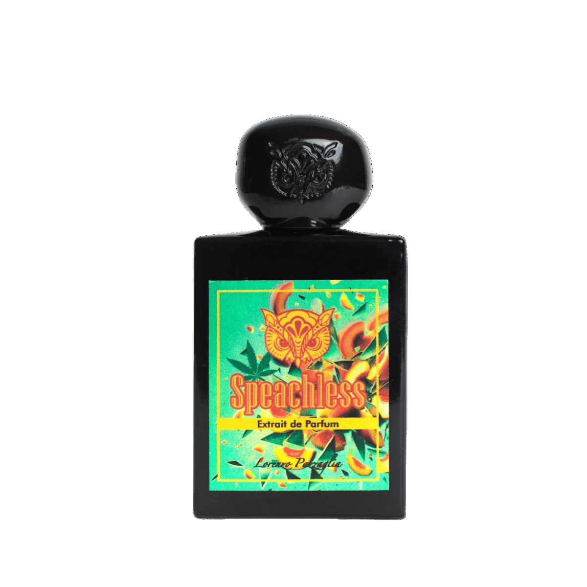 Black Speachless extrait de parfum bottle with ornate label and rounded cap