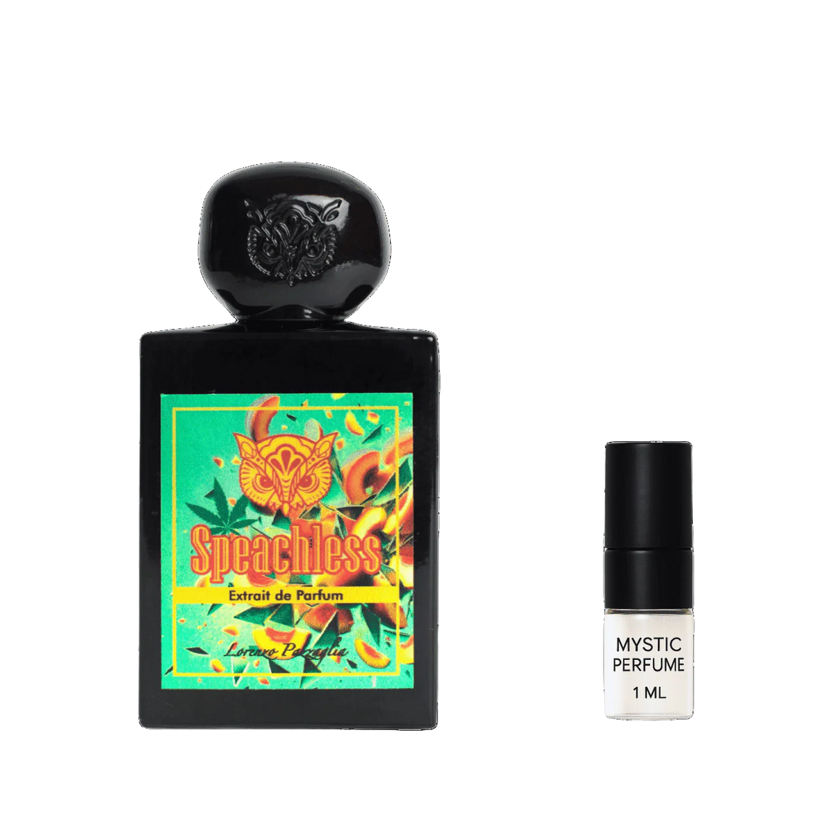 Perfume set with black Speachless bottle and 1 mL Mystic Perfume spray vial
