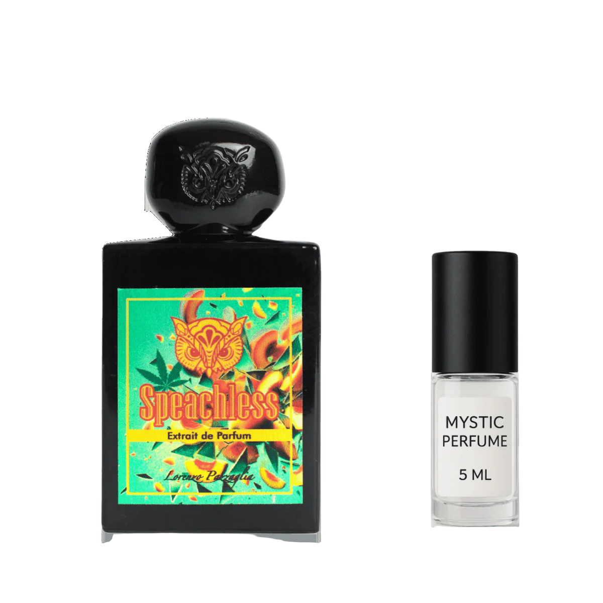 Perfume set with black Speachless bottle and 5 mL Mystic Perfume spray vial