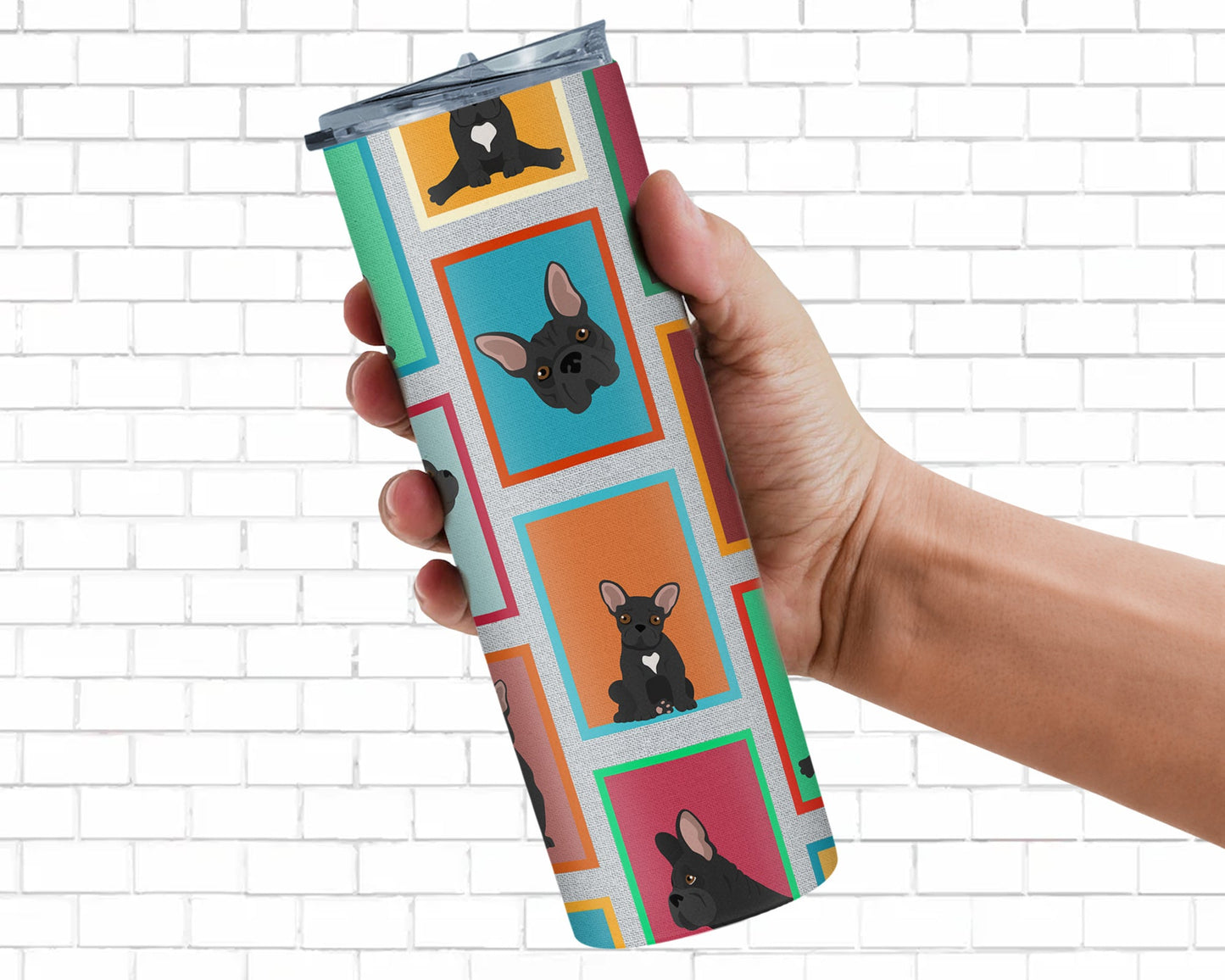 Lots of Black French Bulldog Stainless Steel Skinny Tumbler Vacuum Double Walled Reusable Insulated Tumbler Travel Cup for Coffee Cocktails Gift with Lid, 20 oz - Renee Lane Company
