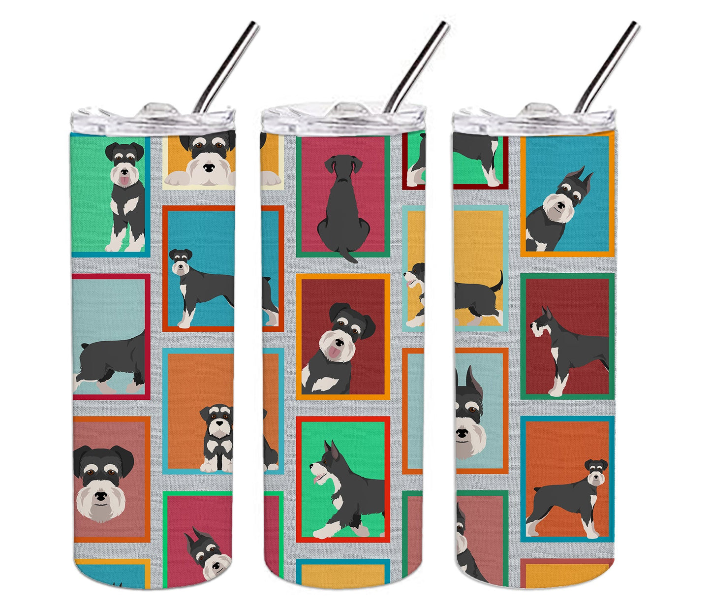 Lots of Black and Silver Schnauzer Stainless Steel Skinny Tumbler Vacuum Double Walled Reusable Insulated Tumbler Travel Cup for Coffee Cocktails Gift with Lid, 20 oz - Renee Lane Company