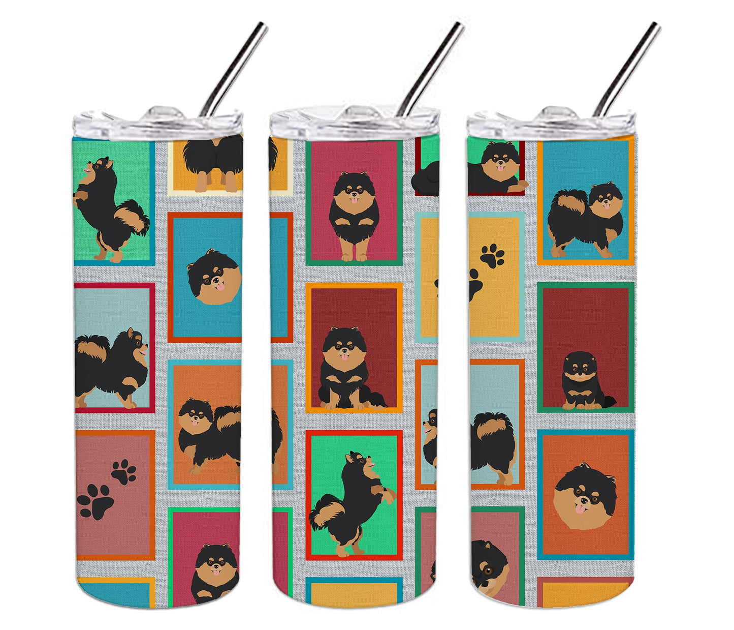 Lots of Black and Tan Pomeranian Stainless Steel Skinny Tumbler Vacuum Double Walled Reusable Insulated Tumbler Travel Cup for Coffee Cocktails Gift with Lid, 20 oz - Renee Lane Company