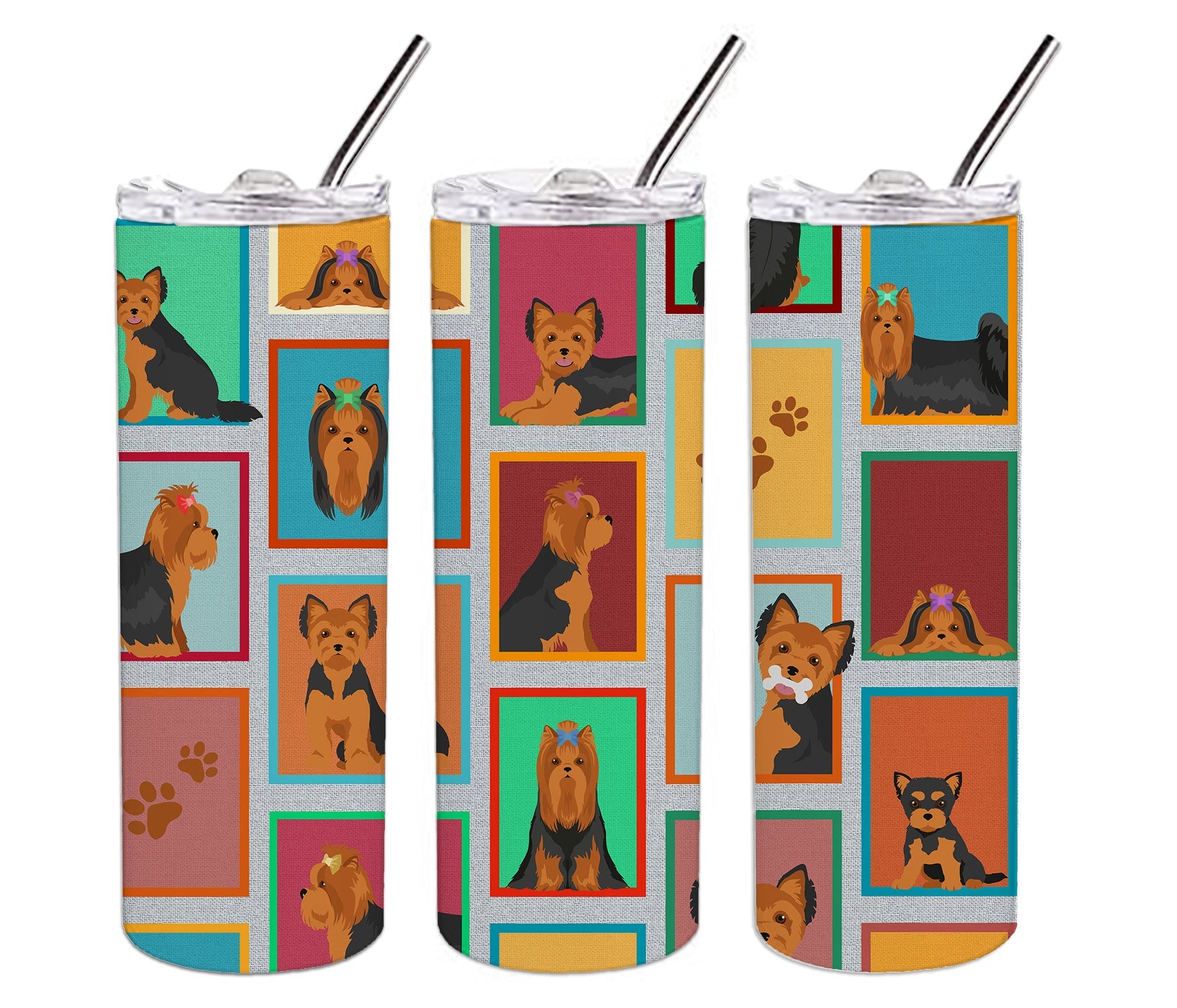 Lots of Black and Tan Yorkie Stainless Steel Skinny Tumbler Vacuum Double Walled Reusable Insulated Tumbler Travel Cup for Coffee Cocktails Gift with Lid, 20 oz - Renee Lane Company