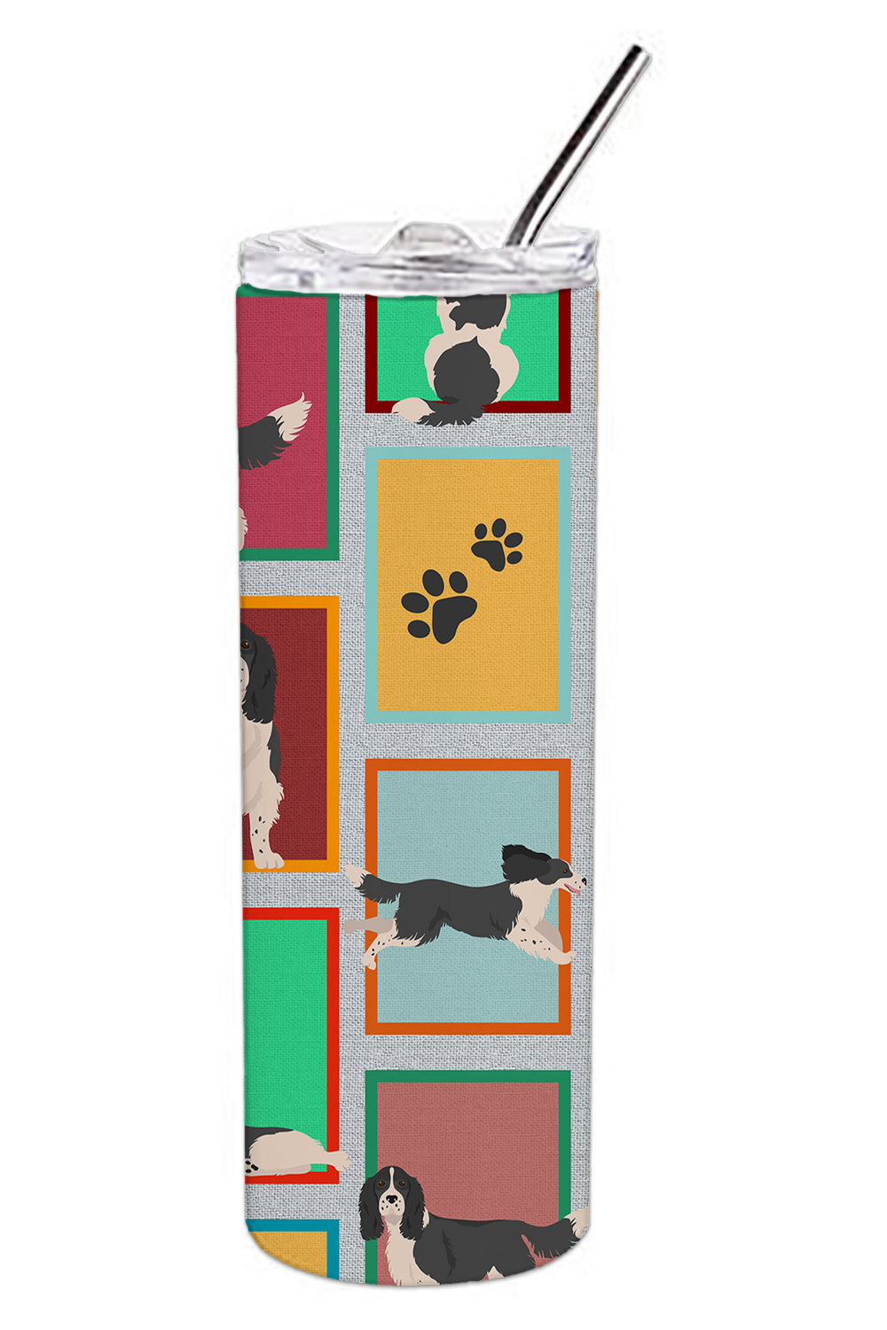 Lots of Black and White English Springer Spaniel Stainless Steel Skinny Tumbler Vacuum Double Walled Reusable Insulated Tumbler Travel Cup for Coffee Cocktails Gift with Lid, 20 oz - Renee Lane Company