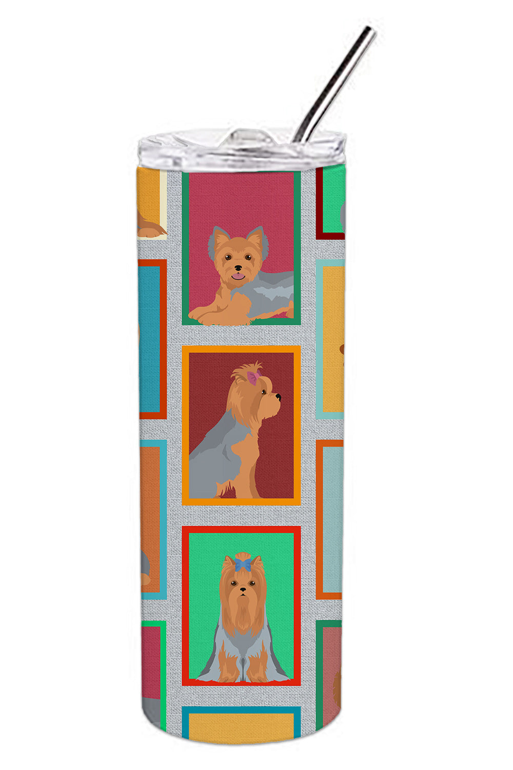 Lots of Blue and Tan Yorkie Stainless Steel Skinny Tumbler Vacuum Double Walled Reusable Insulated Tumbler Travel Cup for Coffee Cocktails Gift with Lid, 20 oz - Renee Lane Company