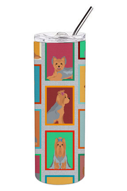 Lots of Blue and Tan Yorkie Stainless Steel Skinny Tumbler Vacuum Double Walled Reusable Insulated Tumbler Travel Cup for Coffee Cocktails Gift with Lid, 20 oz - Renee Lane Company