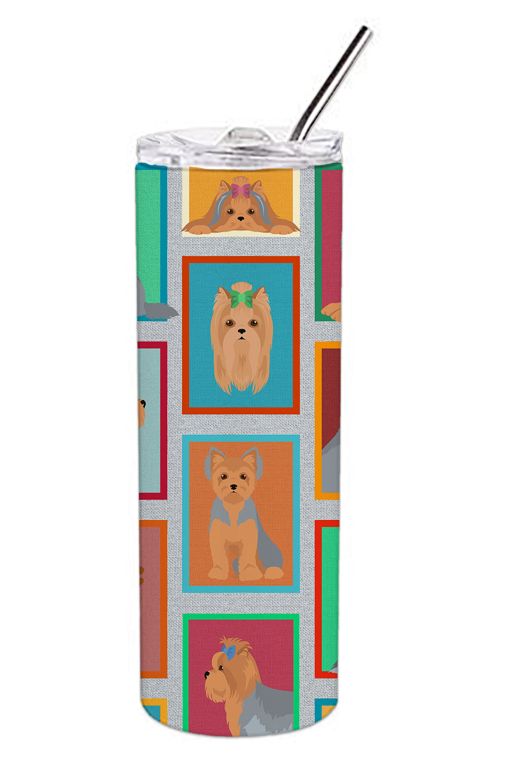 Lots of Blue and Tan Yorkie Stainless Steel Skinny Tumbler Vacuum Double Walled Reusable Insulated Tumbler Travel Cup for Coffee Cocktails Gift with Lid, 20 oz - Renee Lane Company