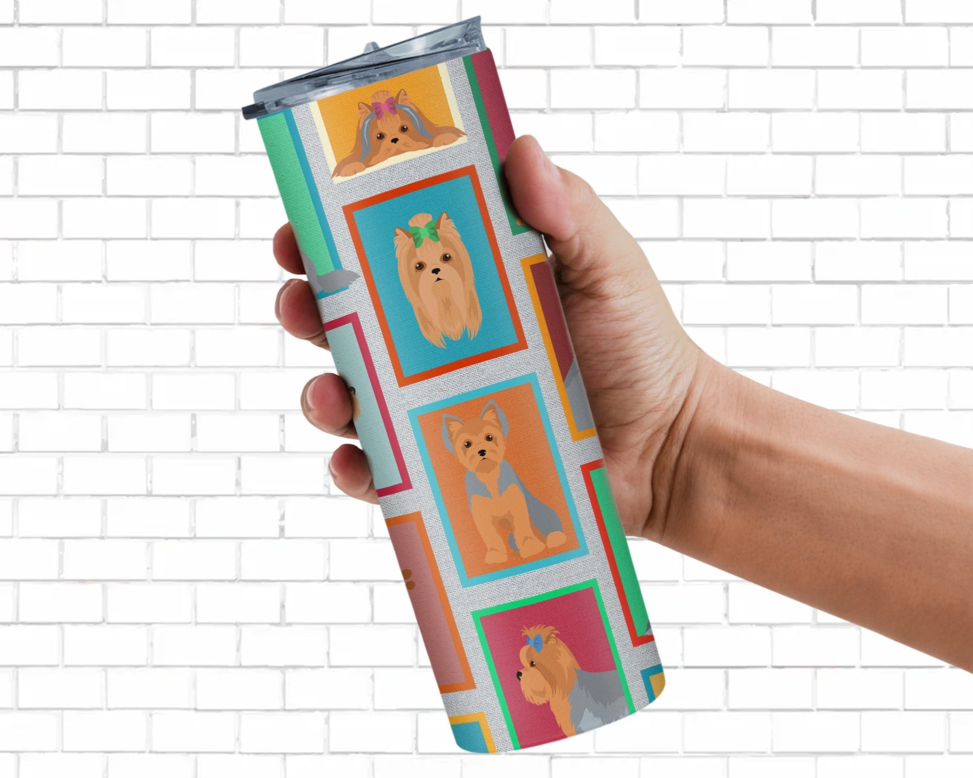 Lots of Blue and Tan Yorkie Stainless Steel Skinny Tumbler Vacuum Double Walled Reusable Insulated Tumbler Travel Cup for Coffee Cocktails Gift with Lid, 20 oz - Renee Lane Company