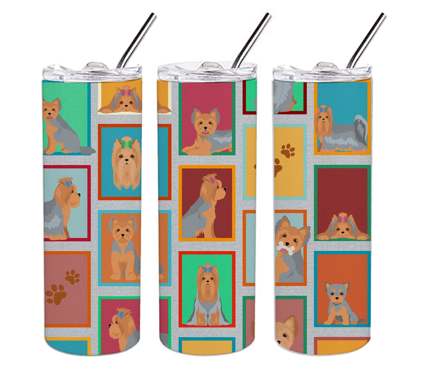 Lots of Blue and Tan Yorkie Stainless Steel Skinny Tumbler Vacuum Double Walled Reusable Insulated Tumbler Travel Cup for Coffee Cocktails Gift with Lid, 20 oz - Renee Lane Company