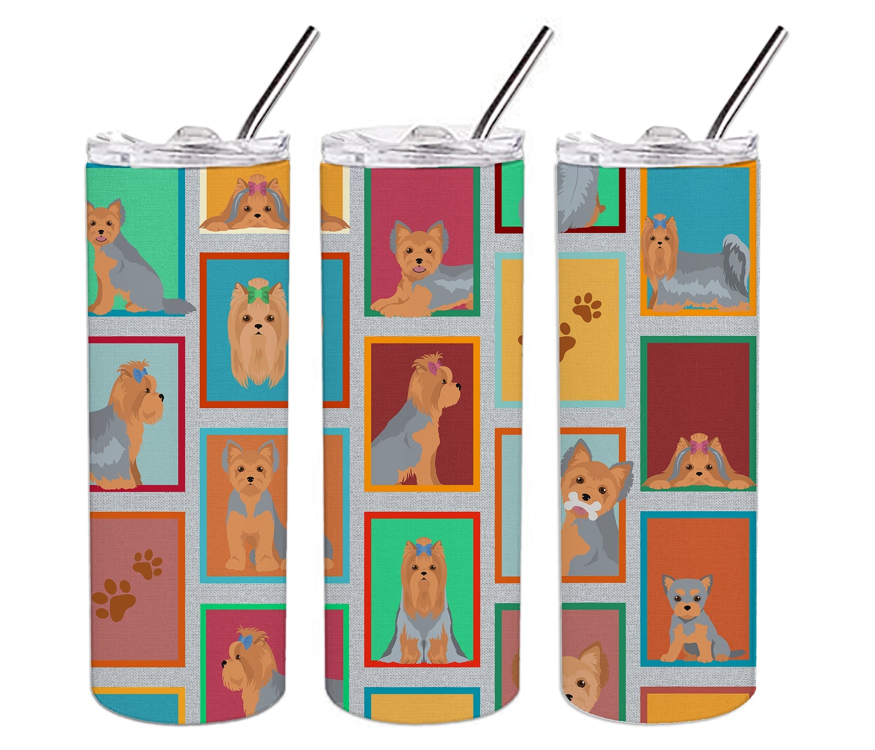 Lots of Blue and Tan Yorkie Stainless Steel Skinny Tumbler Vacuum Double Walled Reusable Insulated Tumbler Travel Cup for Coffee Cocktails Gift with Lid, 20 oz - Renee Lane Company