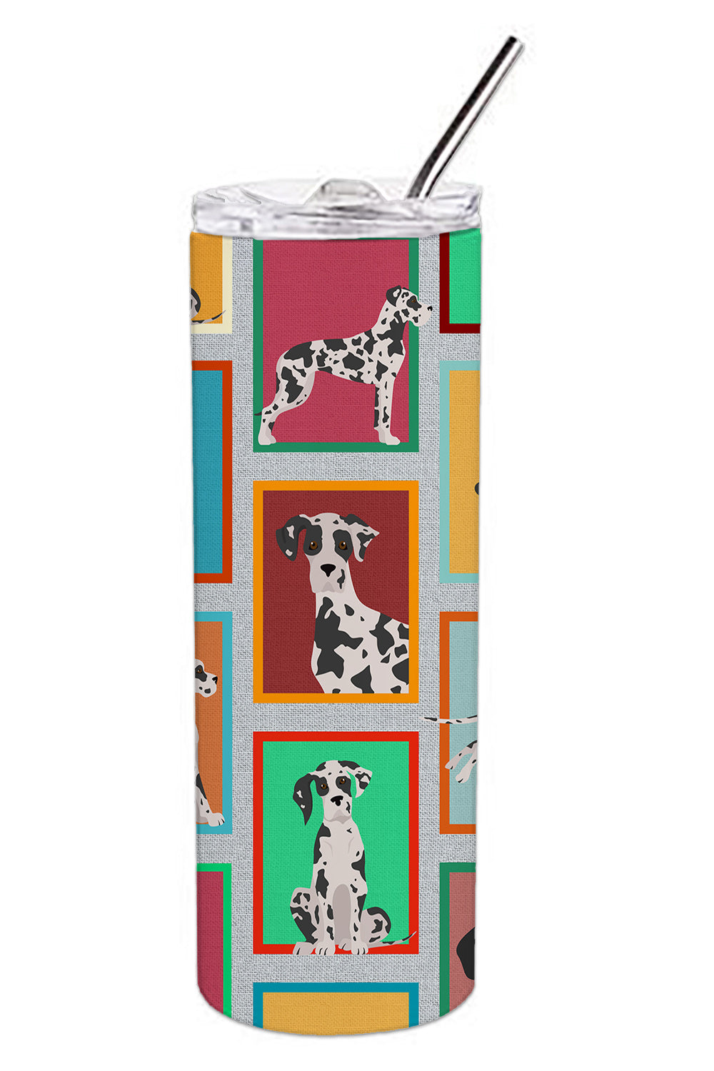 Lots of Harlequin Natural Ears Great Dane Stainless Steel Skinny Tumbler Vacuum Double Walled Reusable Insulated Tumbler Travel Cup for Coffee Cocktails Gift with Lid, 20 oz - Renee Lane Company