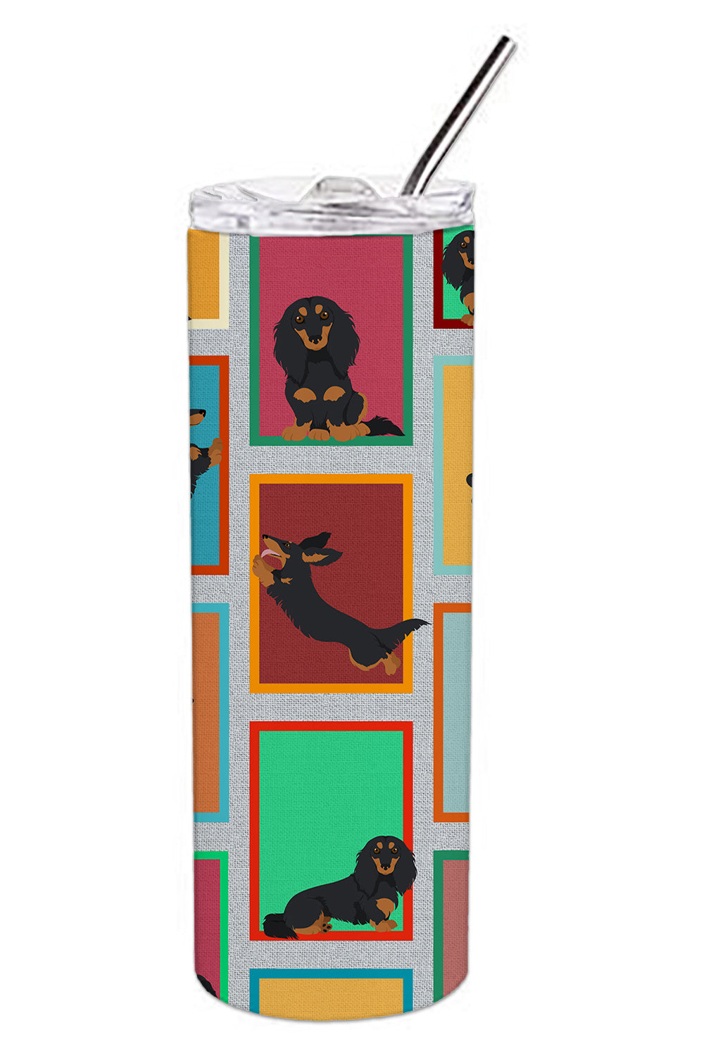 Lots of Longhaired Black Tan Dachshund Stainless Steel Skinny Tumbler Vacuum Double Walled Reusable Insulated Tumbler Travel Cup for Coffee Cocktails Gift with Lid, 20 oz - Renee Lane Company