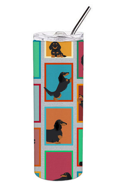 Lots of Longhaired Black Tan Dachshund Stainless Steel Skinny Tumbler Vacuum Double Walled Reusable Insulated Tumbler Travel Cup for Coffee Cocktails Gift with Lid, 20 oz - Renee Lane Company