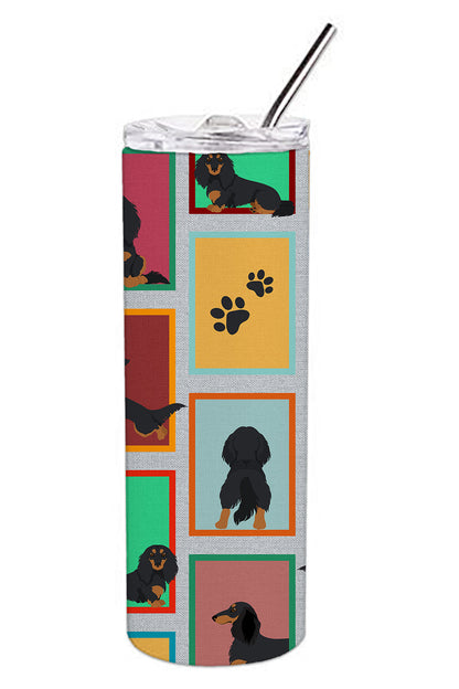 Lots of Longhaired Black Tan Dachshund Stainless Steel Skinny Tumbler Vacuum Double Walled Reusable Insulated Tumbler Travel Cup for Coffee Cocktails Gift with Lid, 20 oz - Renee Lane Company