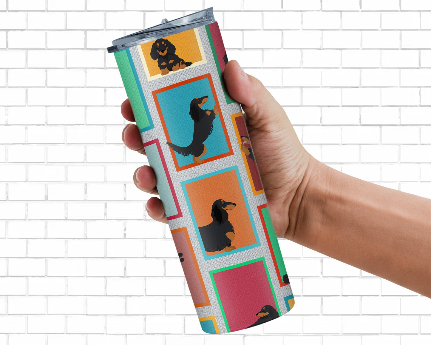 Lots of Longhaired Black Tan Dachshund Stainless Steel Skinny Tumbler Vacuum Double Walled Reusable Insulated Tumbler Travel Cup for Coffee Cocktails Gift with Lid, 20 oz - Renee Lane Company