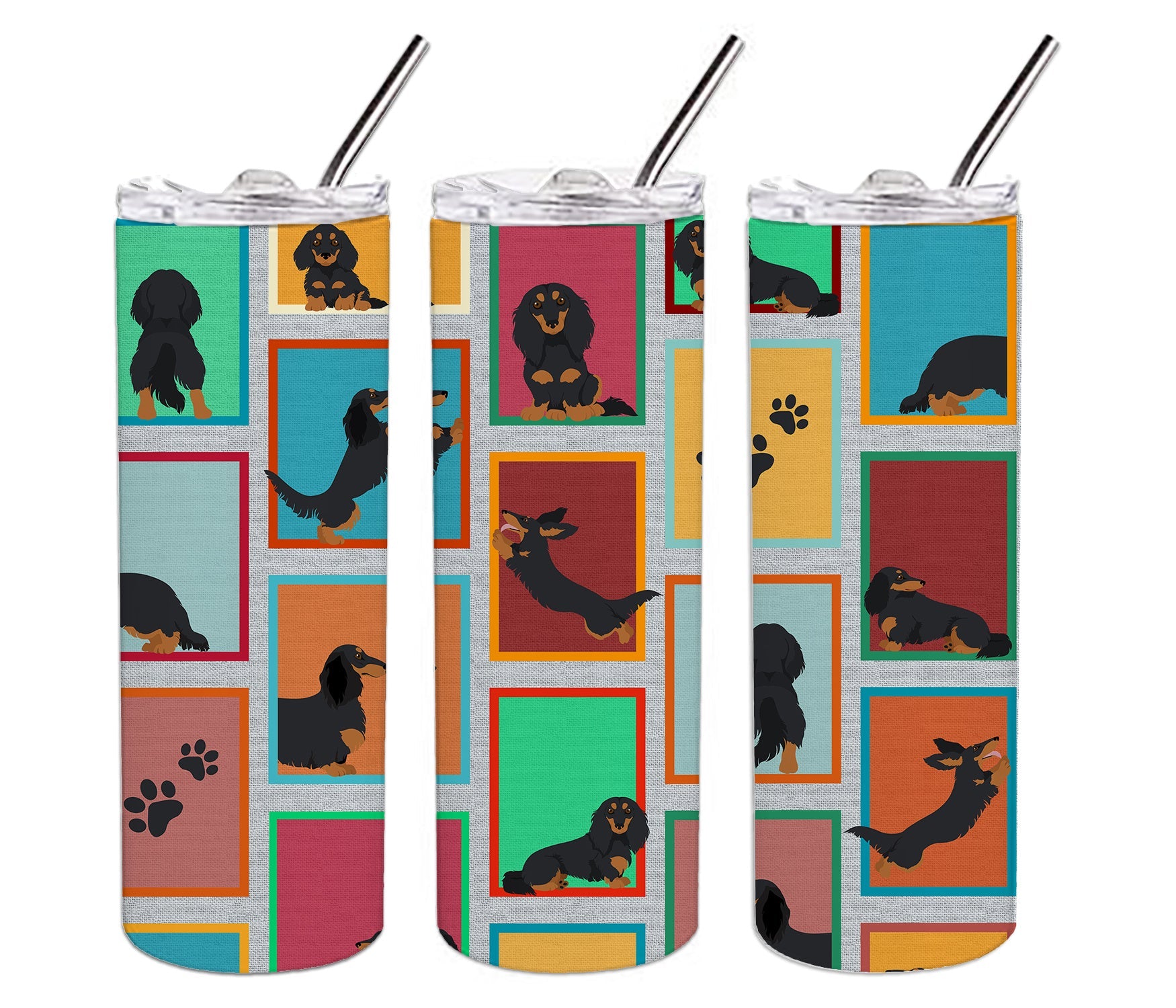 Lots of Longhaired Black Tan Dachshund Stainless Steel Skinny Tumbler Vacuum Double Walled Reusable Insulated Tumbler Travel Cup for Coffee Cocktails Gift with Lid, 20 oz - Renee Lane Company