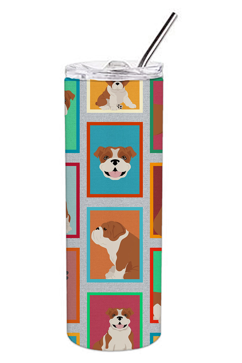 Lots of Red and White English Bulldog Stainless Steel Skinny Tumbler Vacuum Double Walled Reusable Insulated Tumbler Travel Cup for Coffee Cocktails Gift with Lid, 20 oz - Renee Lane Company