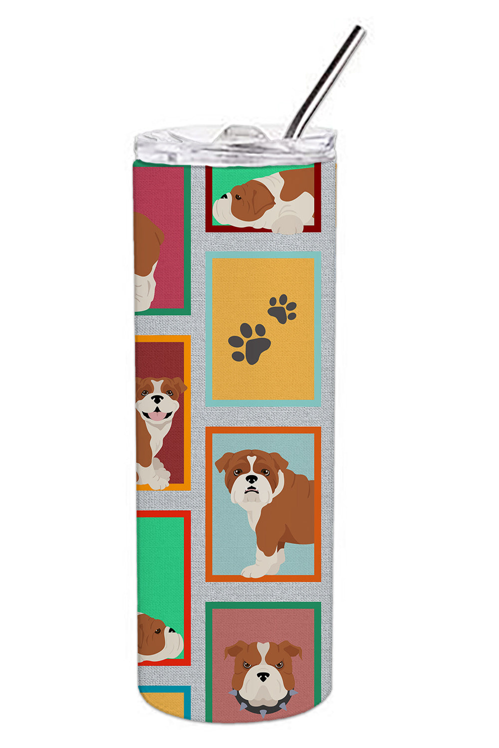 Lots of Red and White English Bulldog Stainless Steel Skinny Tumbler Vacuum Double Walled Reusable Insulated Tumbler Travel Cup for Coffee Cocktails Gift with Lid, 20 oz - Renee Lane Company