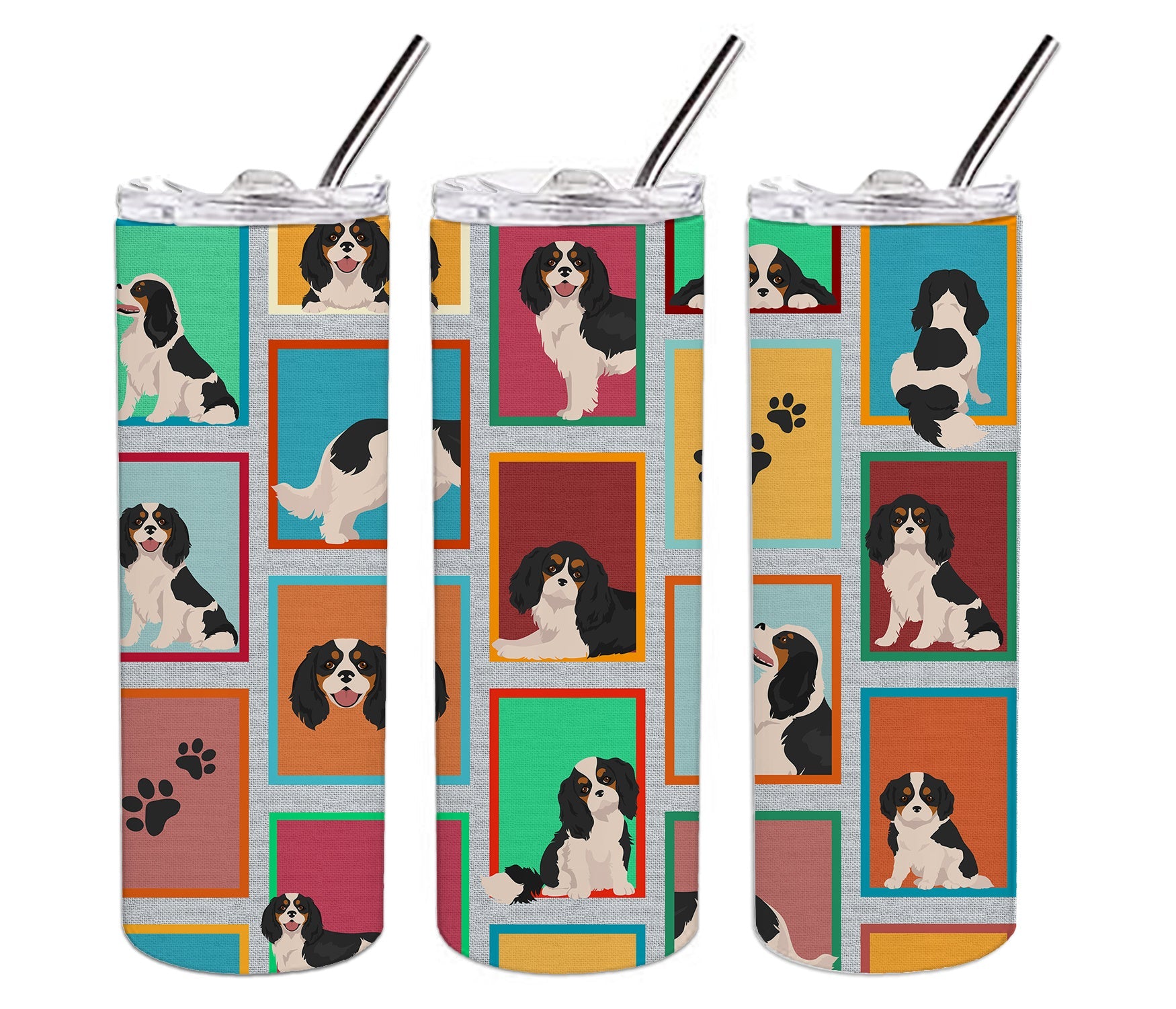 Lots of Tricolor Cavalier Spaniel Stainless Steel Skinny Tumbler Vacuum Double Walled Reusable Insulated Tumbler Travel Cup for Coffee Cocktails Gift with Lid, 20 oz - Renee Lane Company