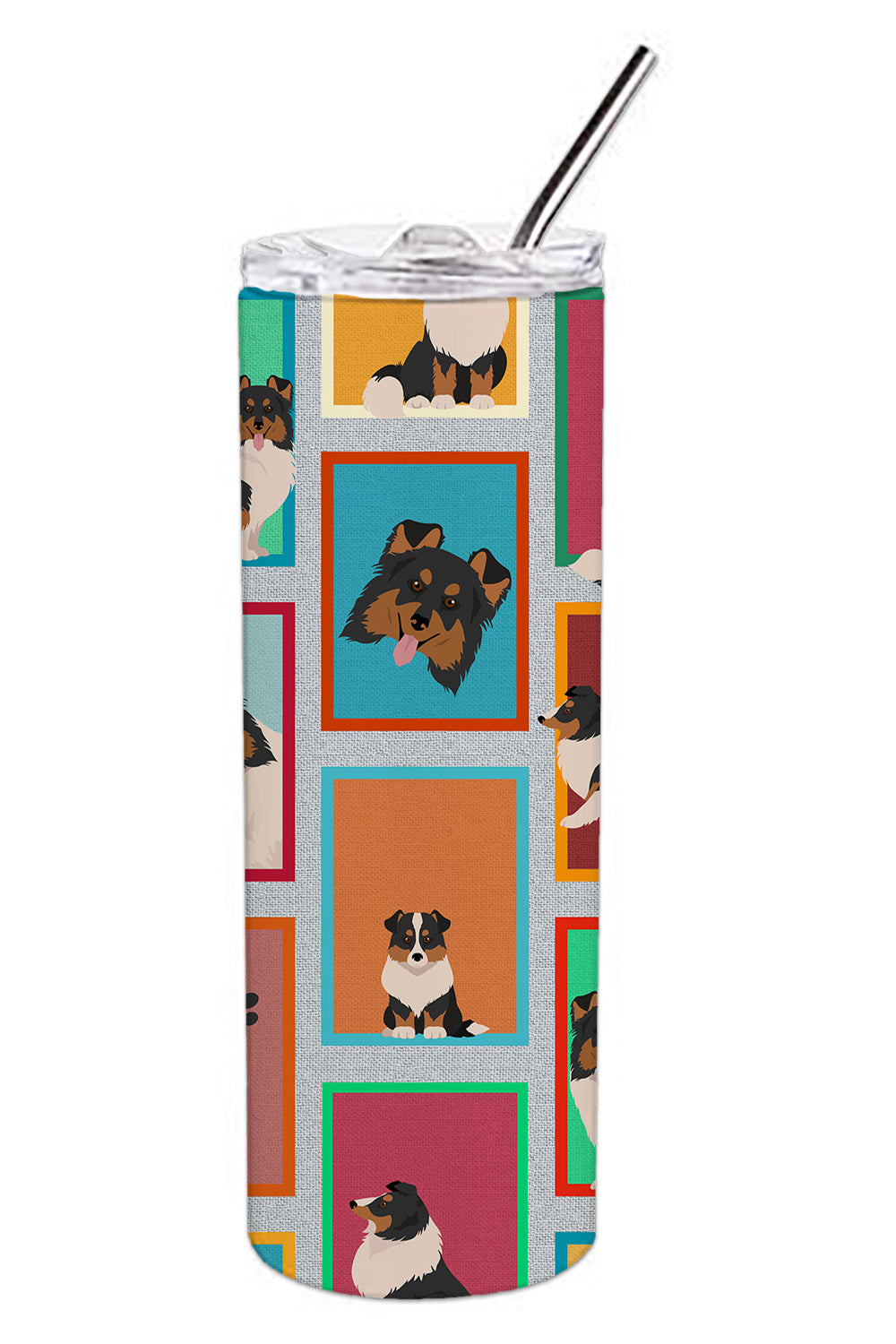 Lots of Tricolor Sheltie Stainless Steel Skinny Tumbler Vacuum Double Walled Reusable Insulated Tumbler Travel Cup for Coffee Cocktails Gift with Lid, 20 oz - Renee Lane Company