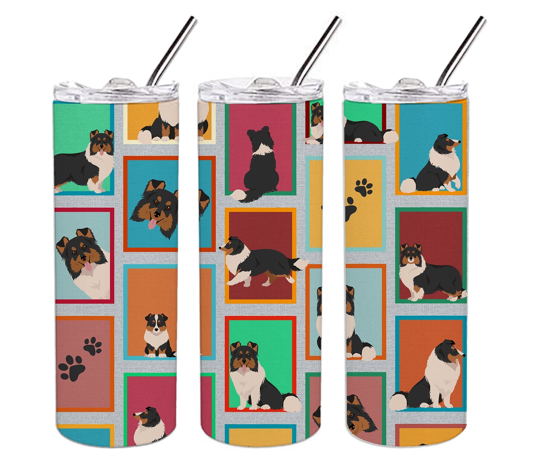 Lots of Tricolor Sheltie Stainless Steel Skinny Tumbler Vacuum Double Walled Reusable Insulated Tumbler Travel Cup for Coffee Cocktails Gift with Lid, 20 oz - Renee Lane Company