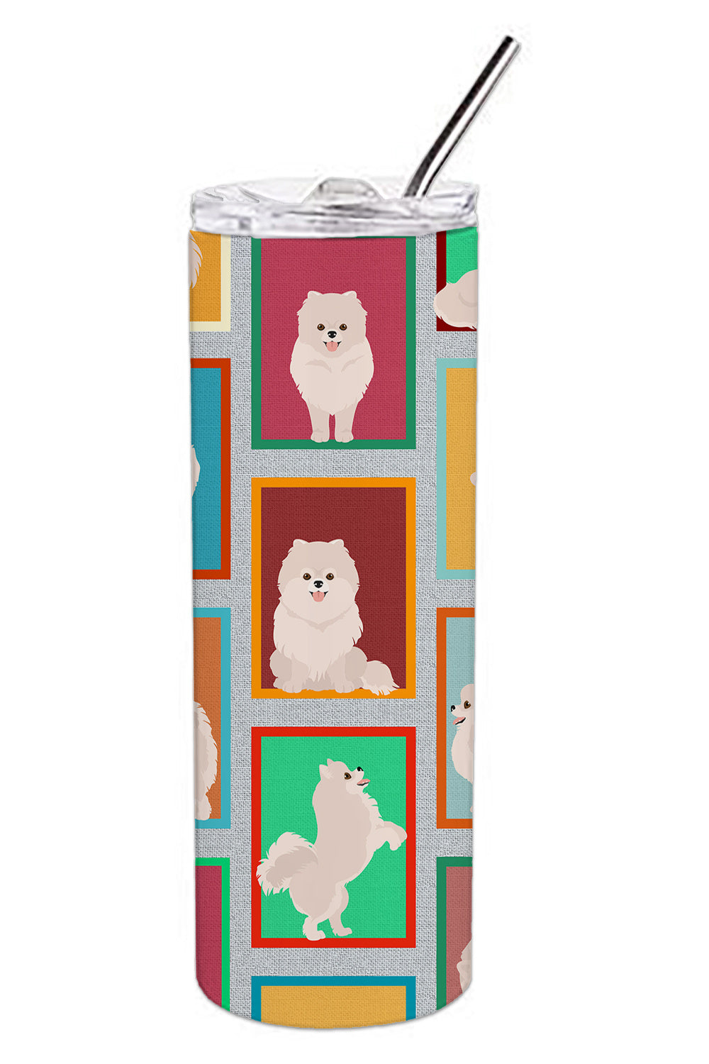 Lots of White Pomeranian Stainless Steel Skinny Tumbler Vacuum Double Walled Reusable Insulated Tumbler Travel Cup for Coffee Cocktails Gift with Lid, 20 oz - Renee Lane Company