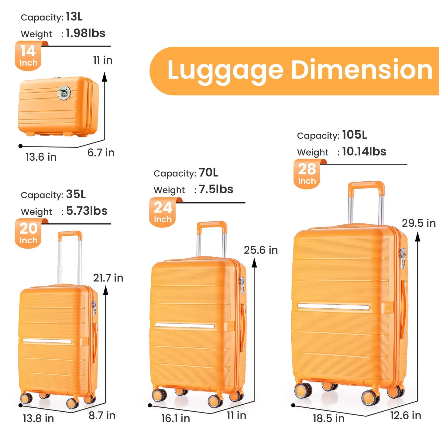 Luggage Sets 4 Piece(14/20/24/28) PP Lightweight & Durable Expandable suitcase - Renee Lane Company
