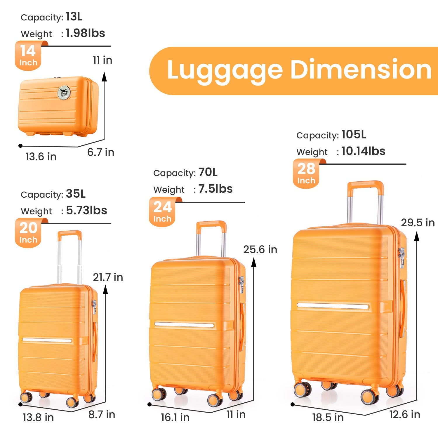 Luggage Sets 4 Piece(14/20/24/28) PP Lightweight & Durable Expandable suitcase - Renee Lane Company