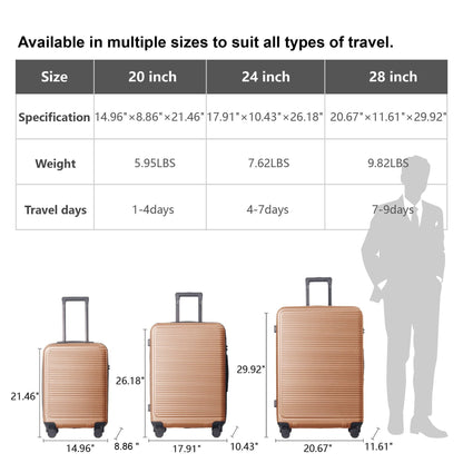 Luggage Sets ABS Hardshell 3pcs Luggage, Lightweight Durable Suitcase sets Spinner Wheels Suitcase with TSA Lock 20''24''28'' Available(Brown) - Renee Lane Company