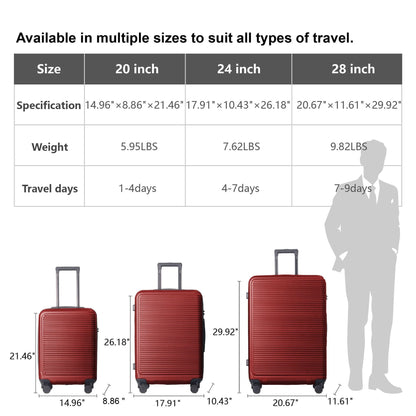 Luggage Sets ABS Hardshell 3pcs Luggage, Lightweight Durable Suitcase sets Spinner Wheels Suitcase with TSA Lock 20''24''28'' Available(WINE RED) - Renee Lane Company