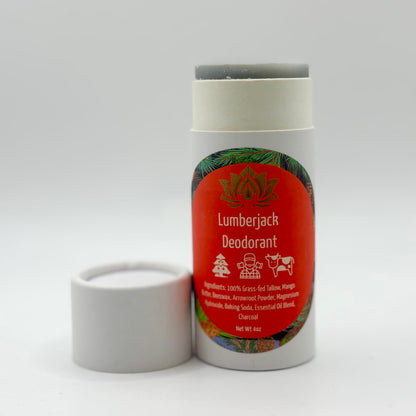 Tallow deodorant stick labeled Lumberjack with a green-and-red circular label.