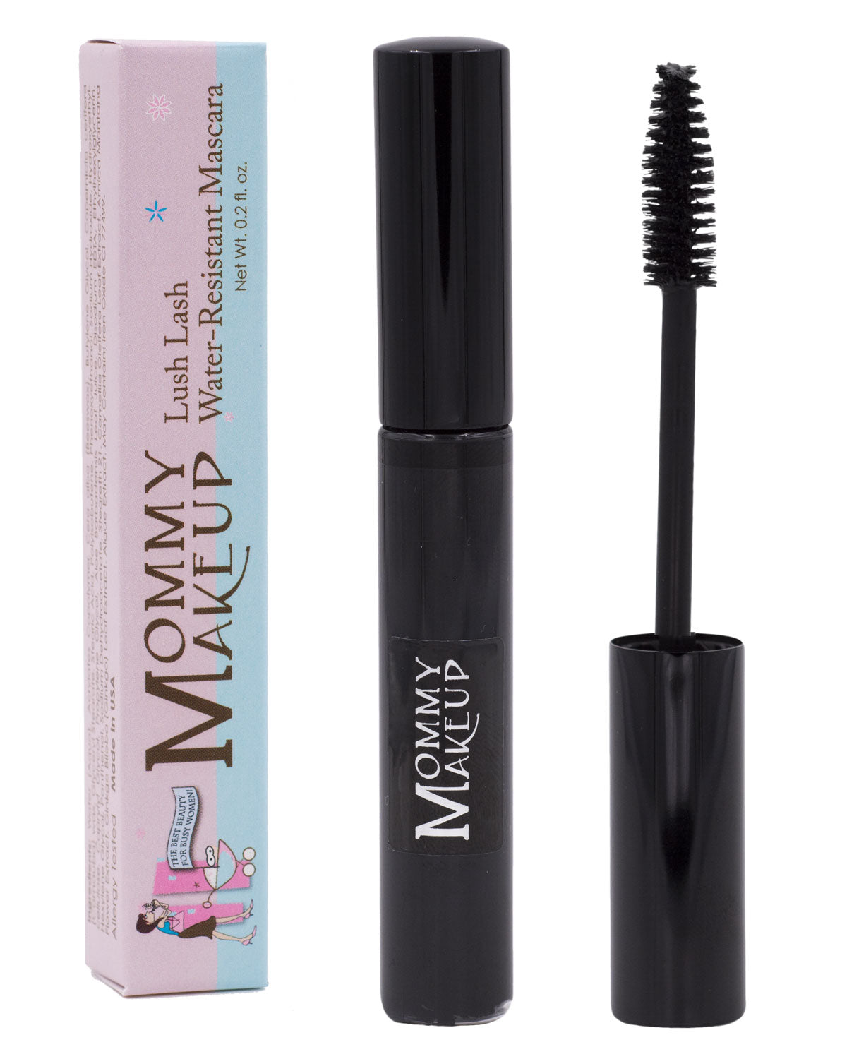 Water-resistant lash mascara with black tube and separate wand applicator.