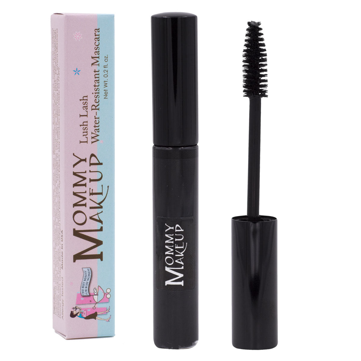 Water-resistant lash mascara tube with wand brush and matching mascara box.