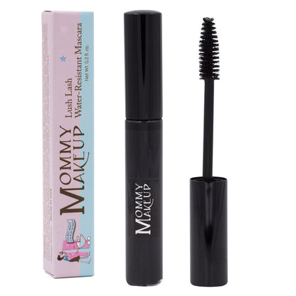 Water-resistant lash mascara tube with wand brush and matching mascara box.