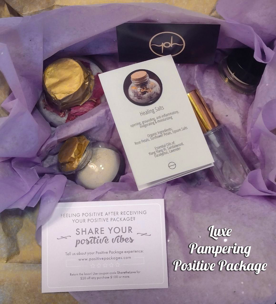 Pampering Positive Package gift set in purple filler, card and bath bottles with roll-on