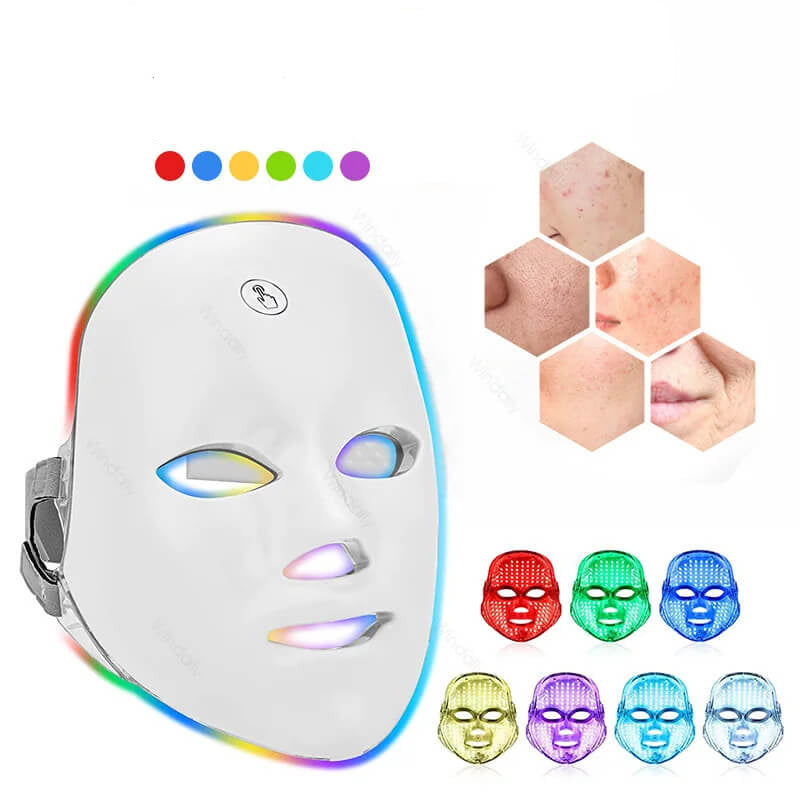 LED beauty mask with white face panel and multicolor light strip trim, adjustable strap