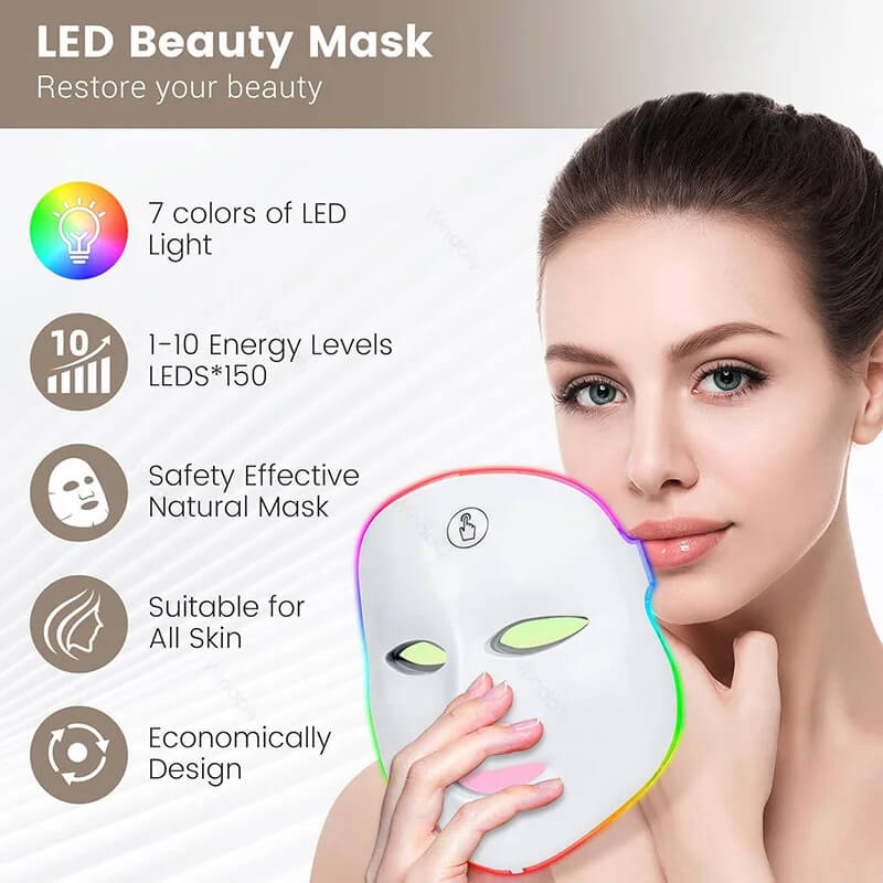 LED beauty mask with white face panel and glowing multicolor rim, held in place